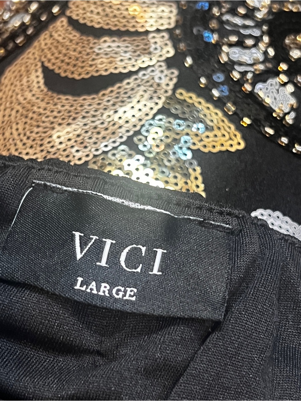 VICI Black Mini Skirt with Silver & Gold Sequins Stretch SZ L - Picture 8 of 16